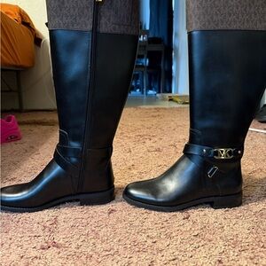 Michael Kors Black Leather Knee-High Riding Boots with MK Logo Strap